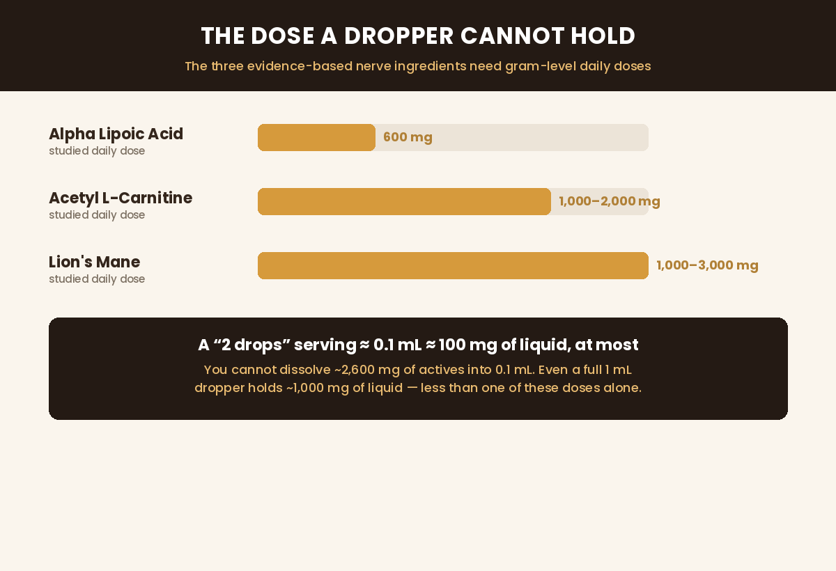 Alpha lipoic acid 600mg, acetyl L-carnitine 1-2g, Lion's Mane 1-3g vs a 0.1mL dropper serving