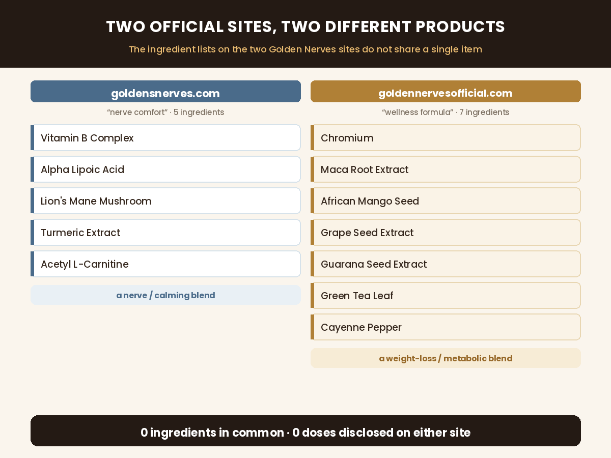 goldensnerves.com's 5 nerve ingredients vs goldennervesofficial.com's 7 metabolic ingredients — no overlap